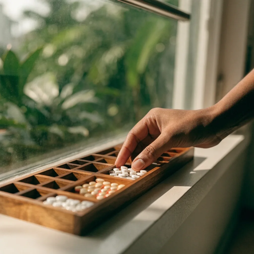Tray of daily tablets set out on a brushed zinc worktop under a single overhead light