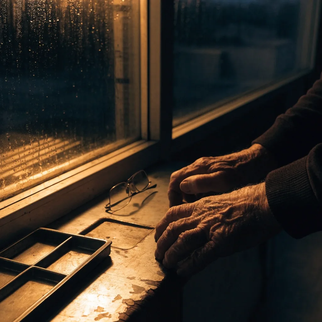 An older man's hands at a night counter with a small tray of tablets and reading glasses