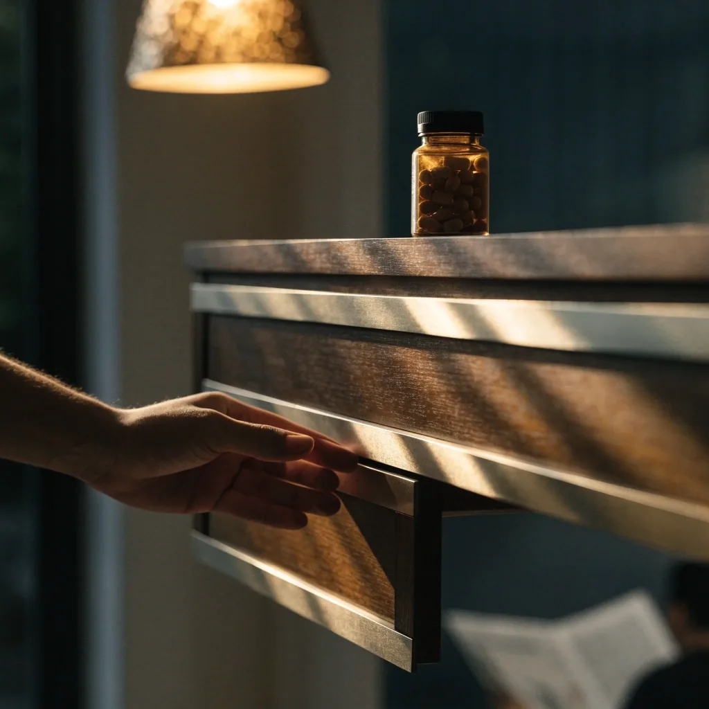An evening kitchen bench with a closed supplement bottle beside a water glass as a hand closes the cabinet drawer