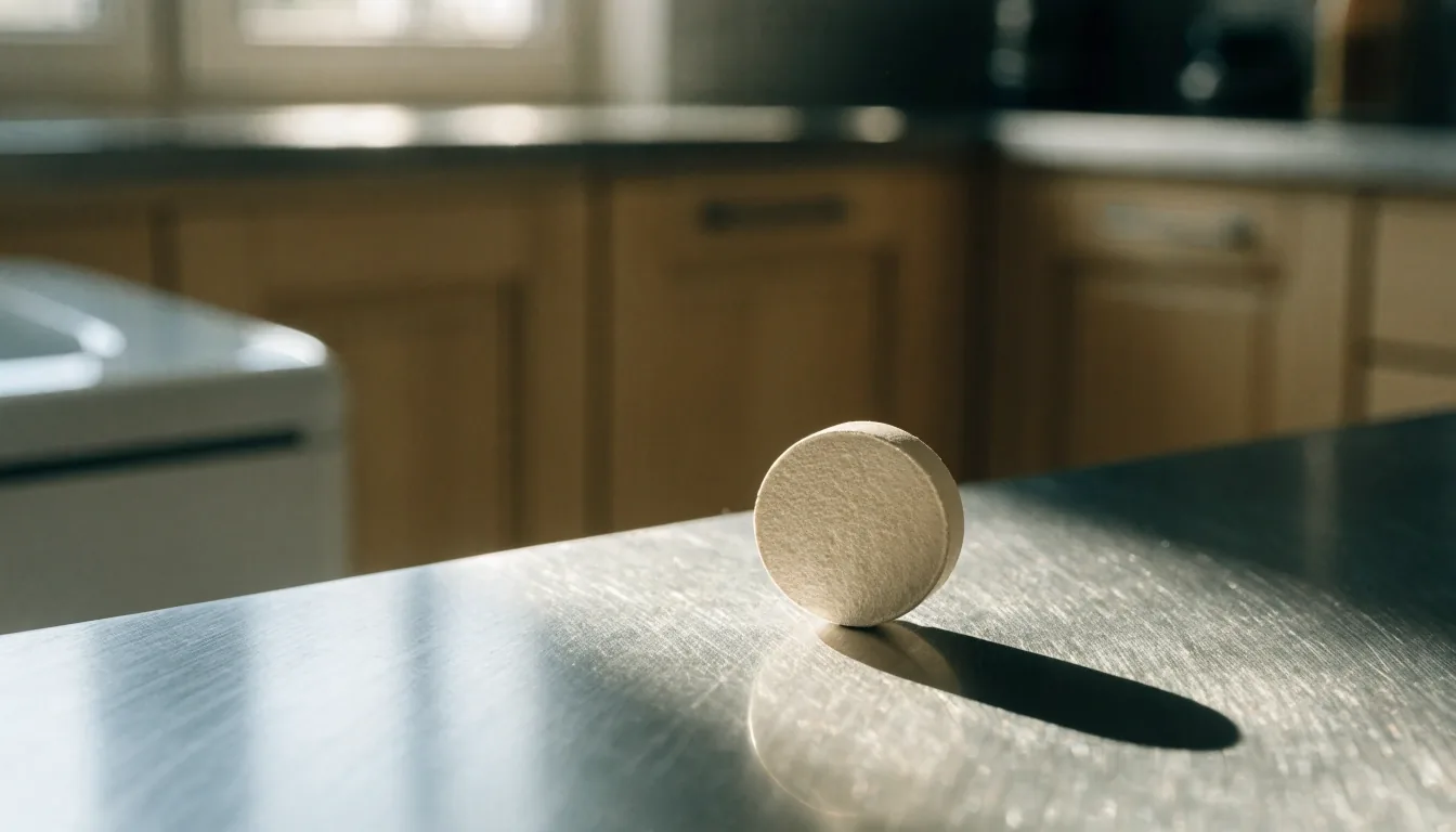 A single men's multivitamin tablet on an anodised zinc bench surface under raking overhead light