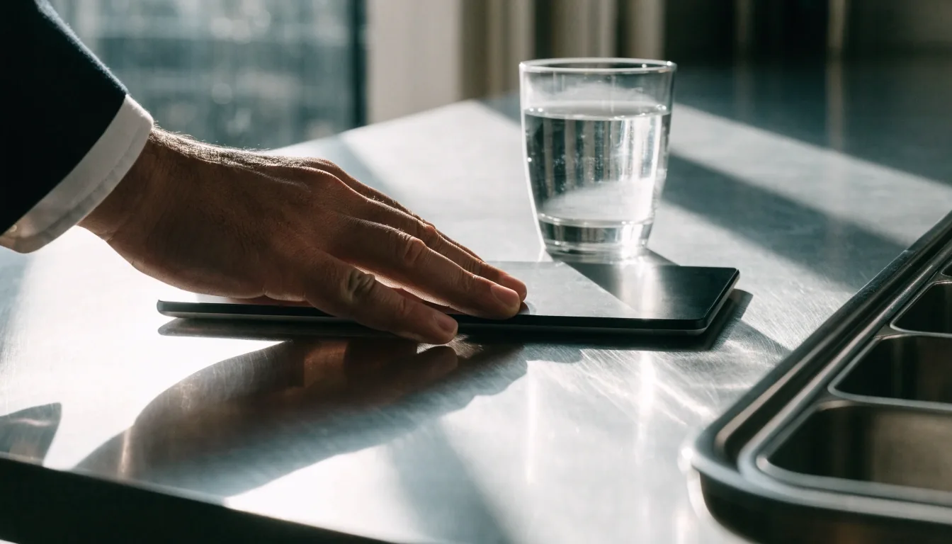 Overhead still life of unmarked tablets and an open compartment tray on an anodised zinc bench under hard overhead light